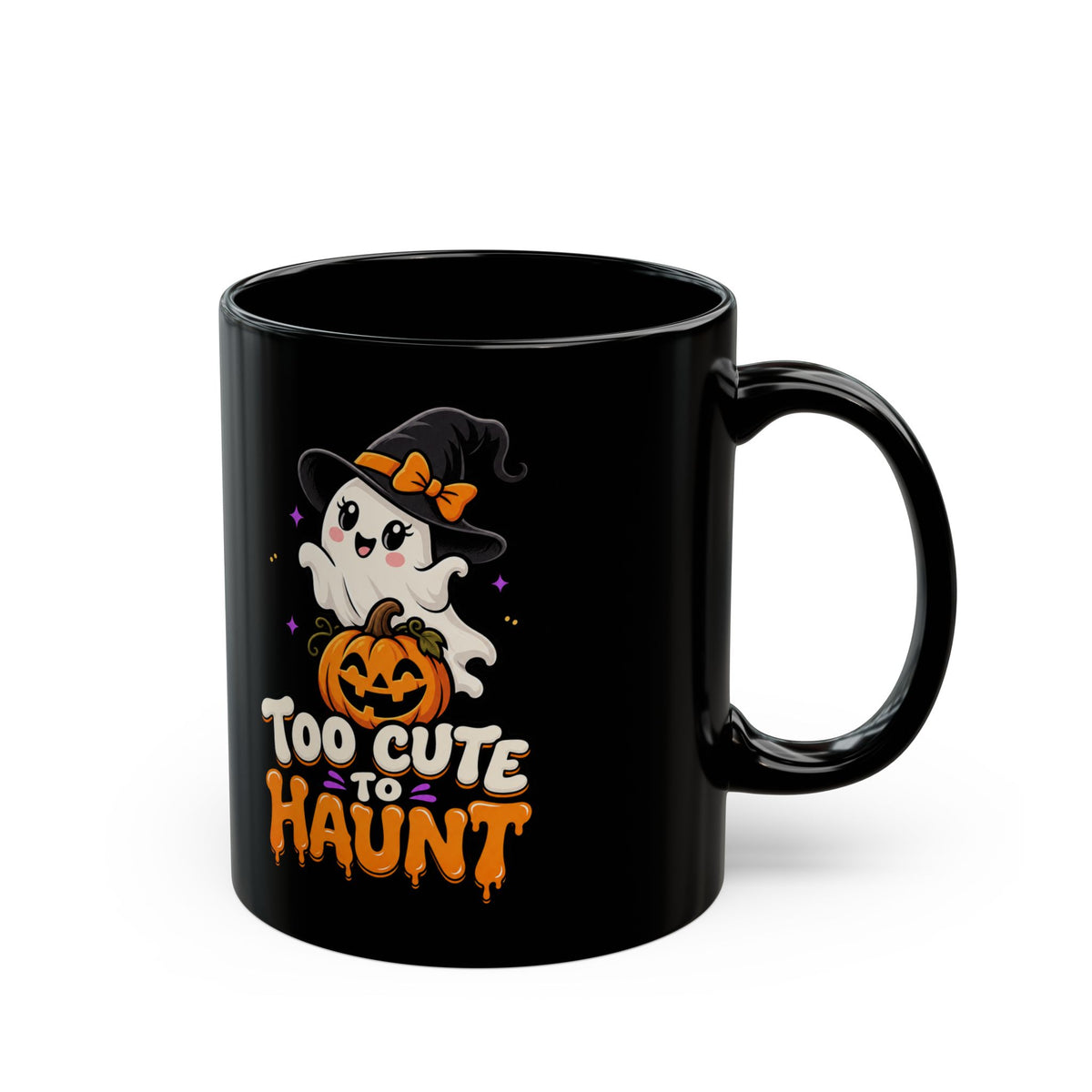 Too Cute to Haunt Halloween Mug — Black Ghost & Pumpkin Coffee Cup (11oz/15oz)