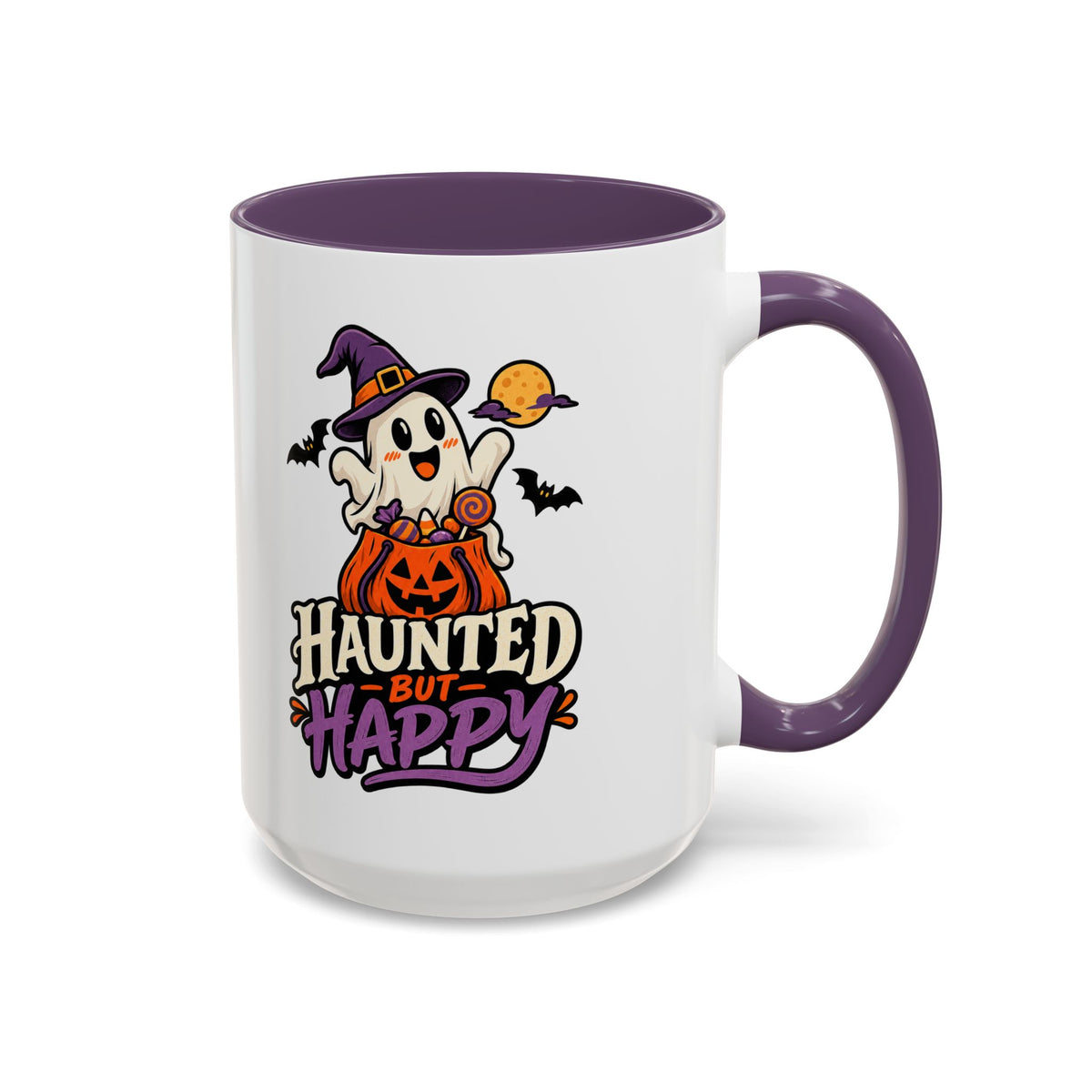 Haunted But Happy Coffee Mug — Halloween Ghost Pumpkin Accent Mug (11/15oz)