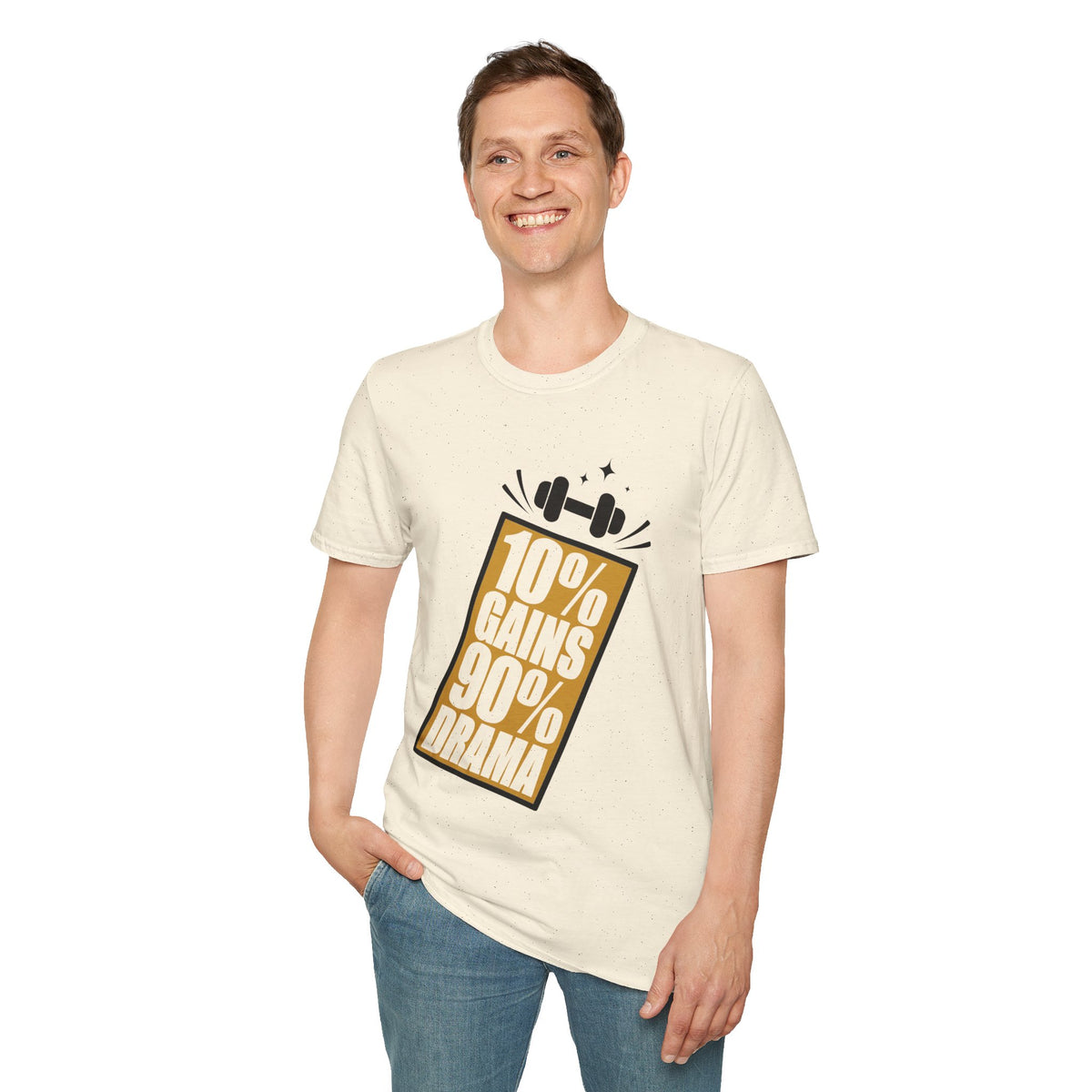 10% Gains 90% Drama Gold Barbell T-Shirt - Minimalist Funny Gym Graphic Tee - Trending Now - September 2026