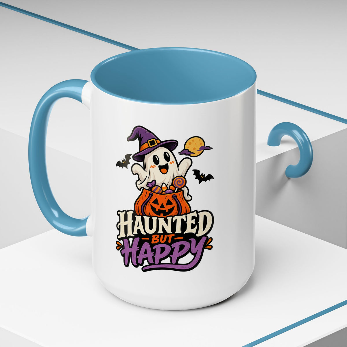 Haunted But Happy Coffee Mug — Halloween Ghost Pumpkin Accent Mug (11/15oz)
