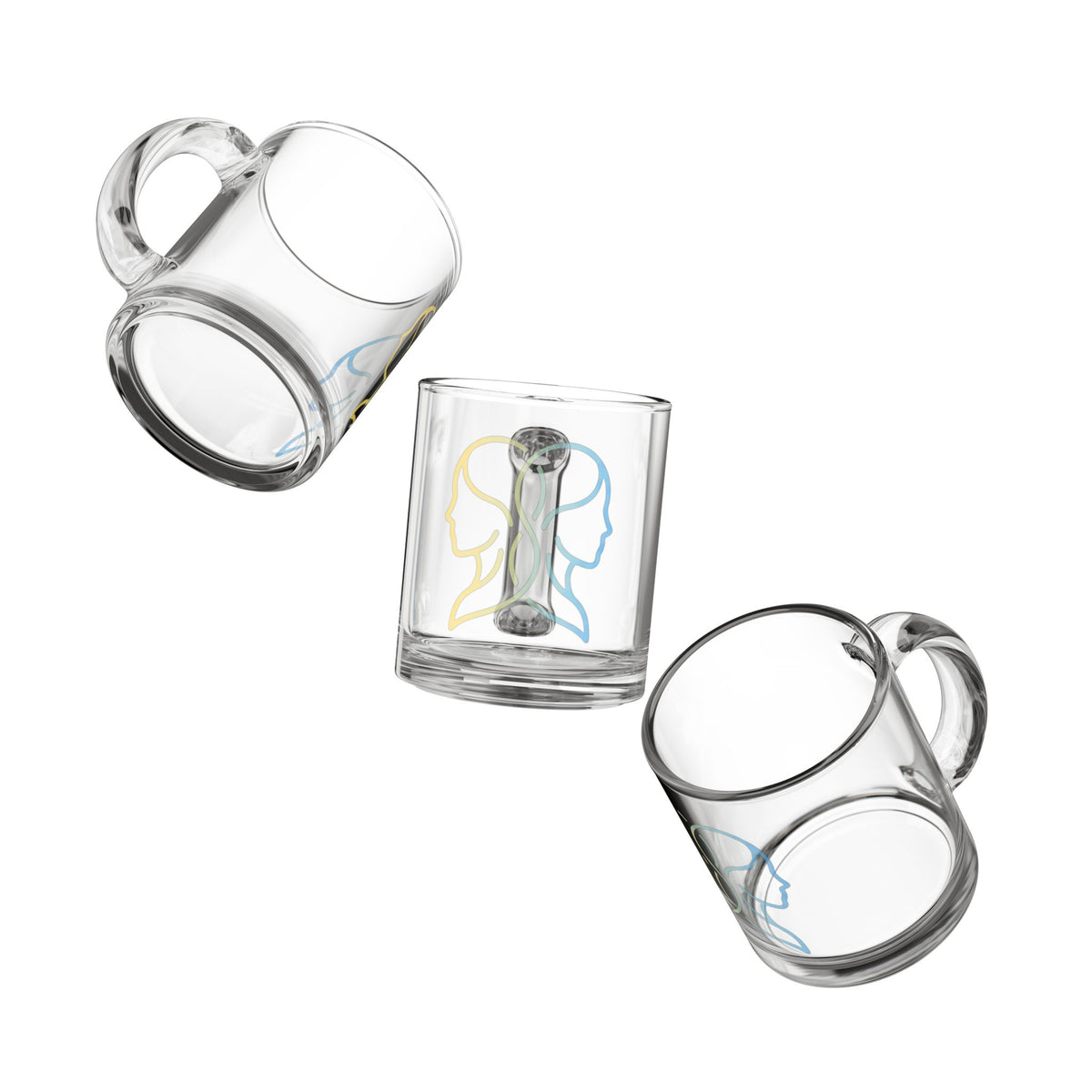 Gemini 10oz Glass Mug — Dual Profile Line Art Coffee Cup (Yellow & Blue)