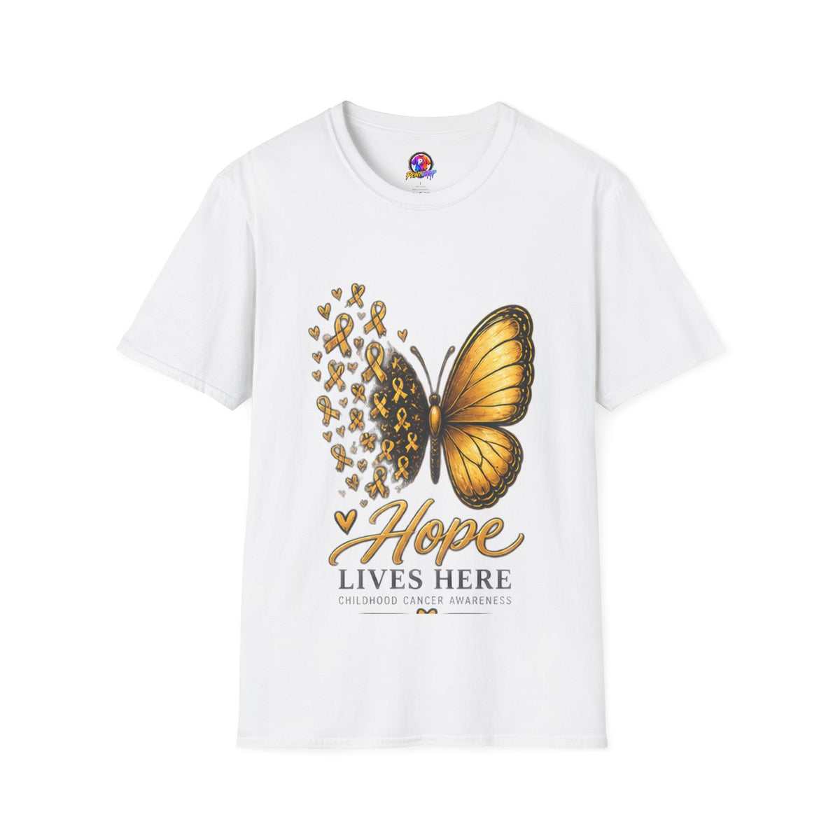 Hope Lives Here Gold Ribbon Butterfly Childhood Cancer Awareness T-Shirt