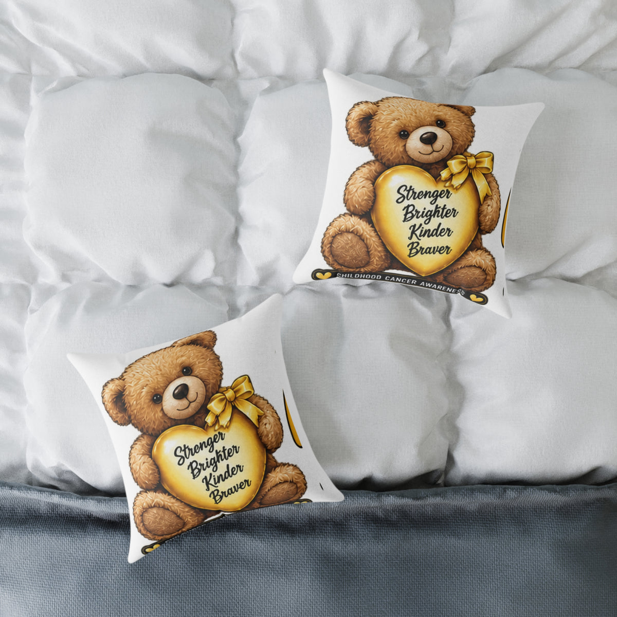 Childhood Cancer Teddy Bear Heart Pillow — "Stronger Brighter Kinder Braver" Decorative Throw Pillow