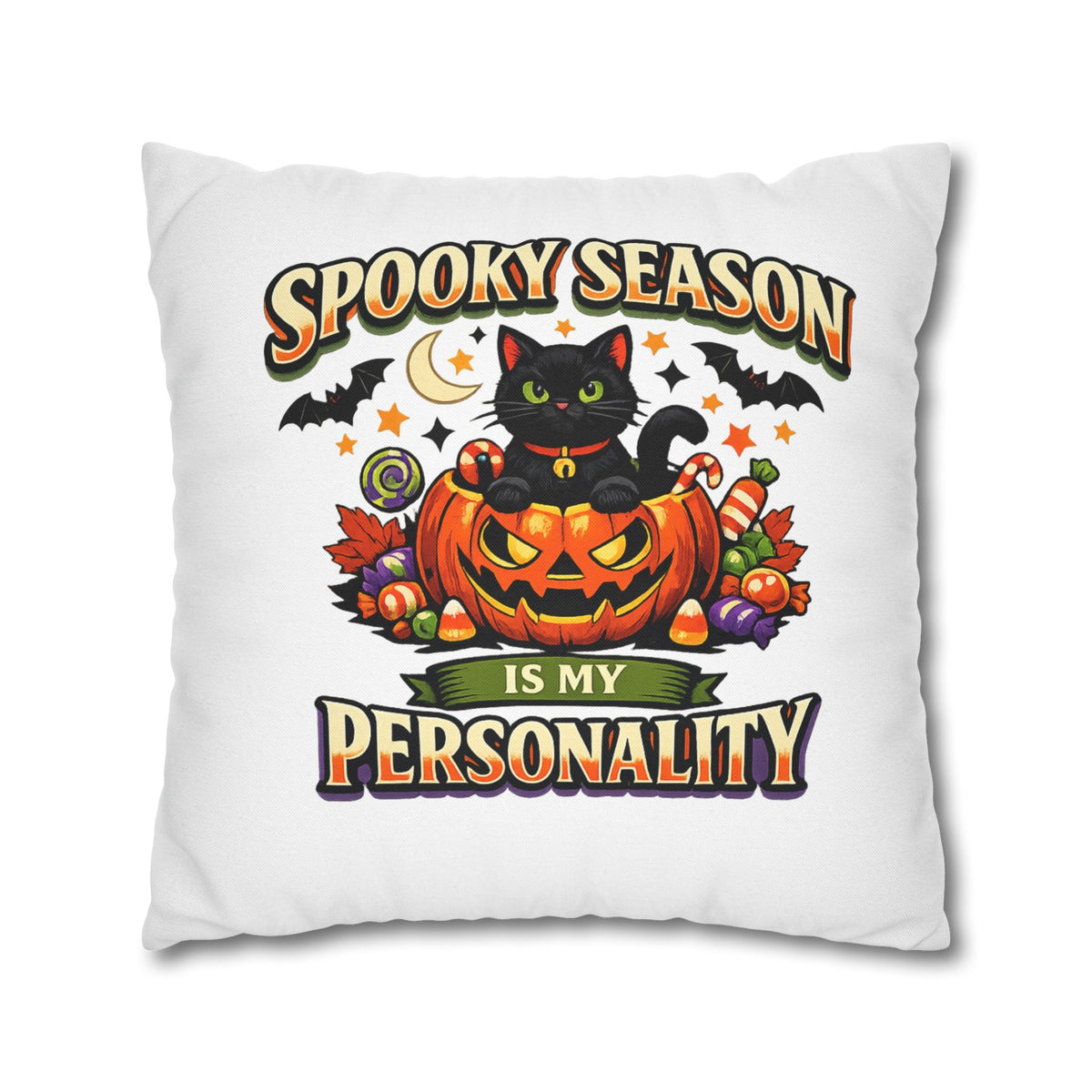 Halloween Pillowcase — "Spooky Season Is My Personality" Black Cat Pumpkin Decorative Pillow