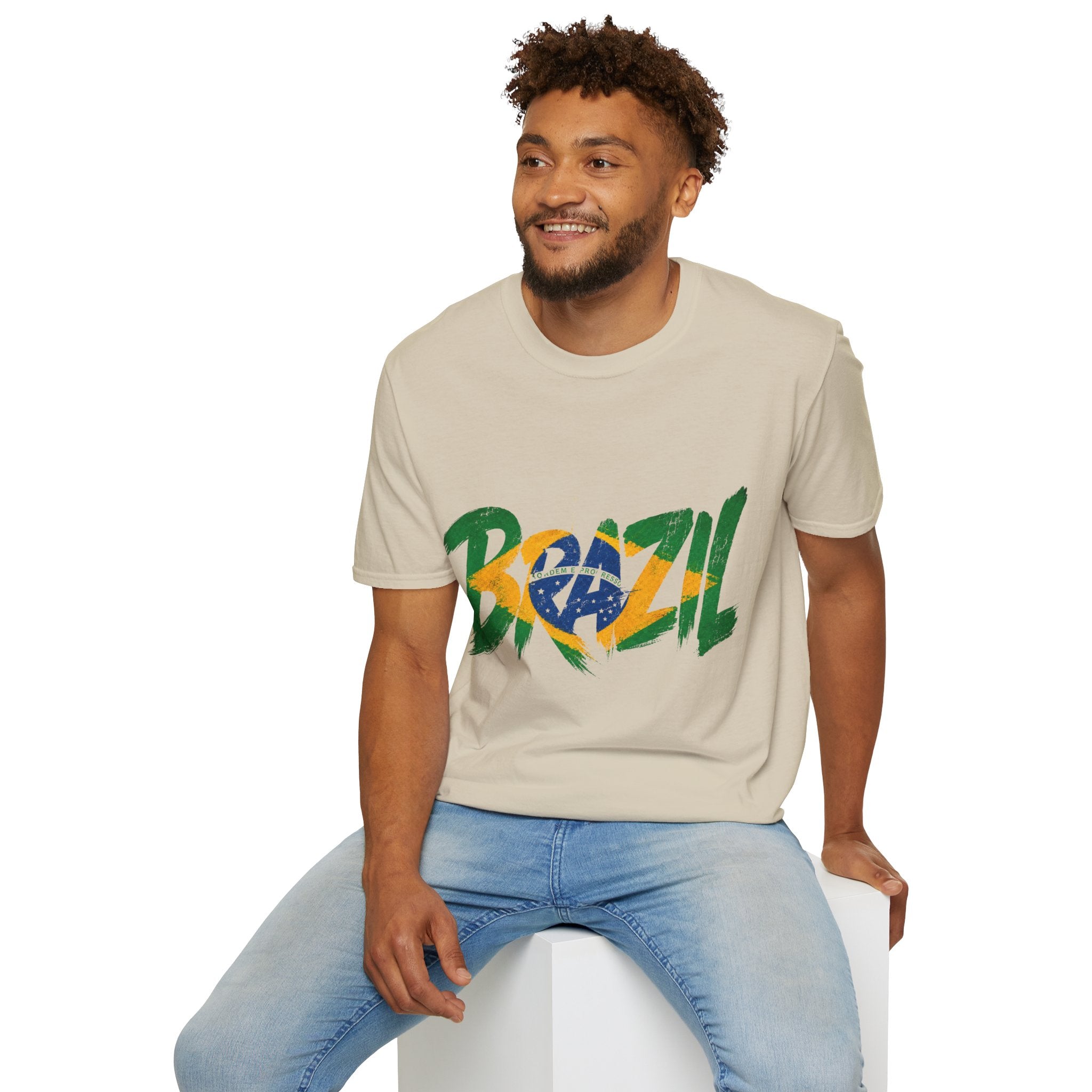 Brazil Flag Graphic T-Shirt — Bold Brazil Script with National Flag Motif