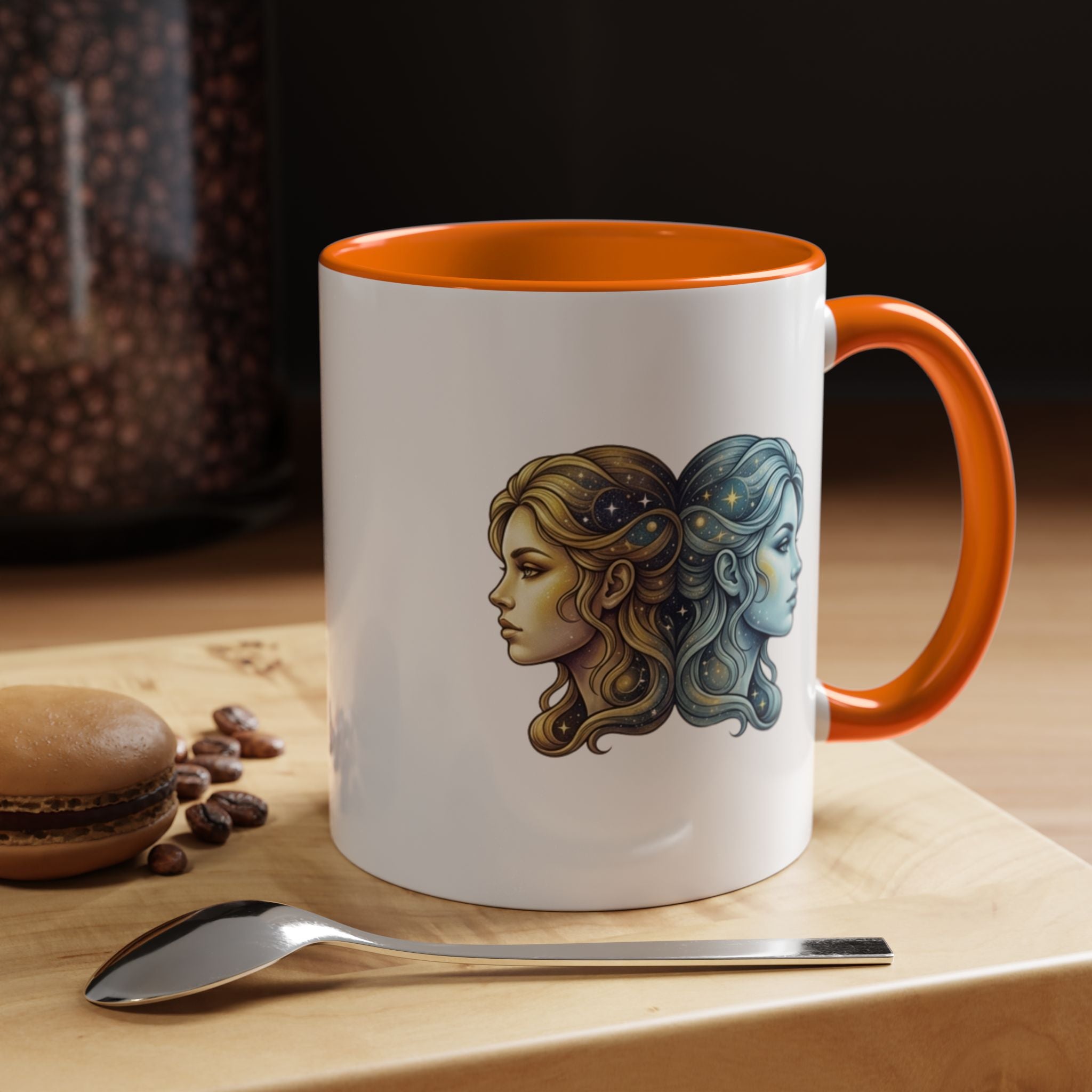 Gemini Zodiac Accent Coffee Mug — Dual Faces Astrology Design
