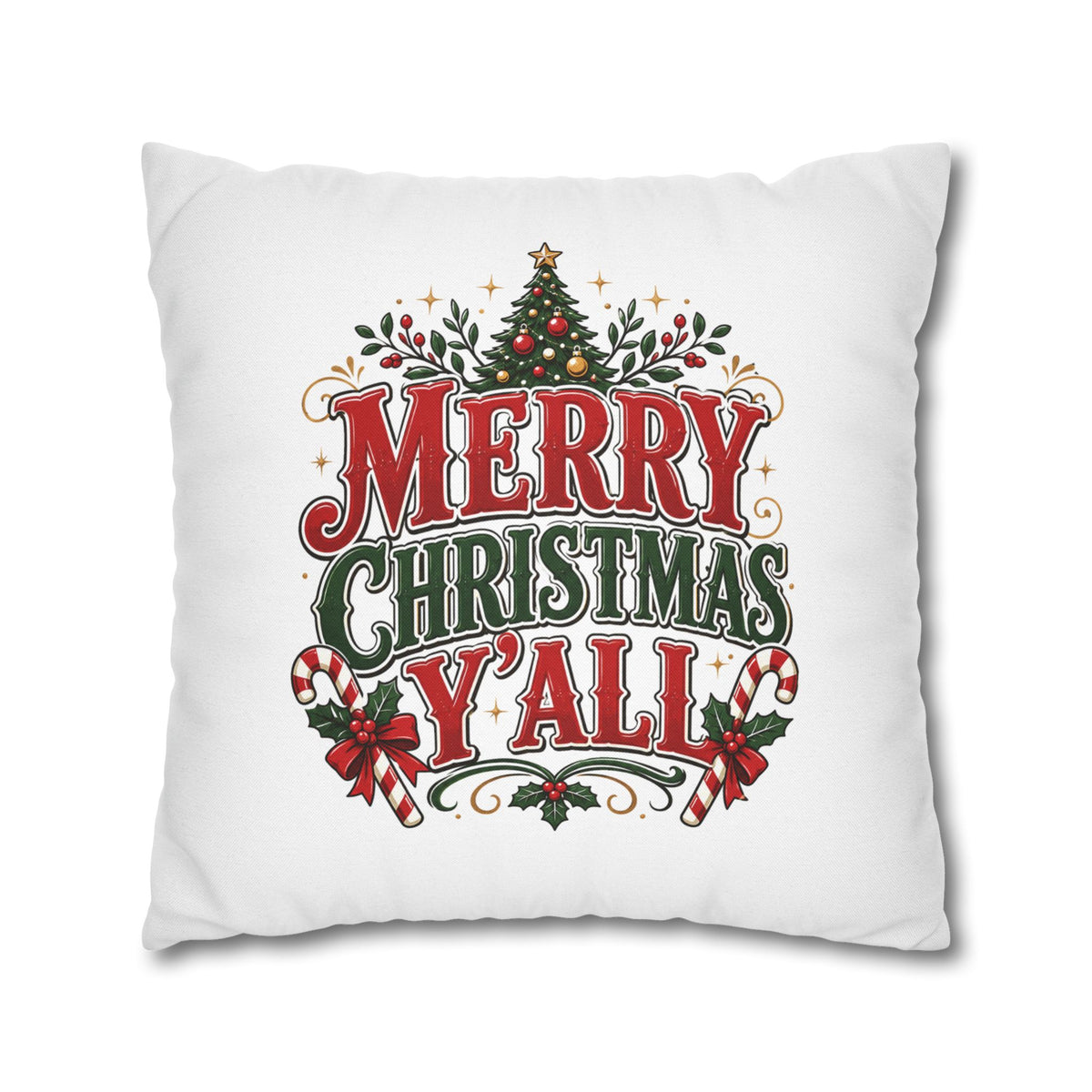 Christmas Square Pillowcase — Merry Christmas Y'all Holiday Decorative Pillow