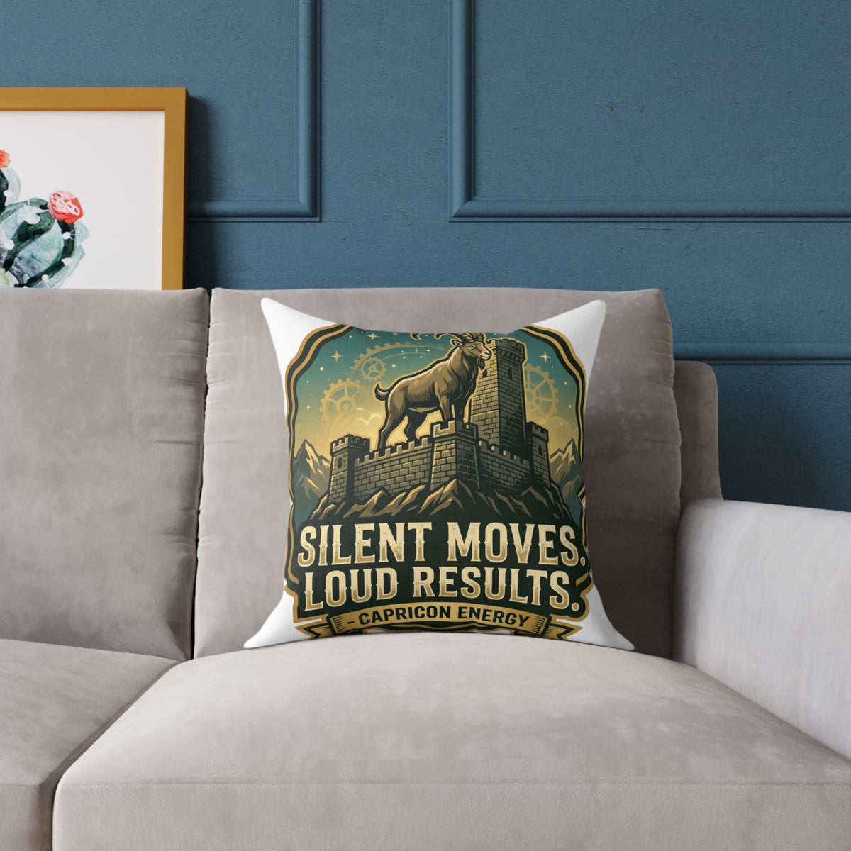 Capricorn Pillow — "Silent Moves, Loud Results" Square Throw Pillow