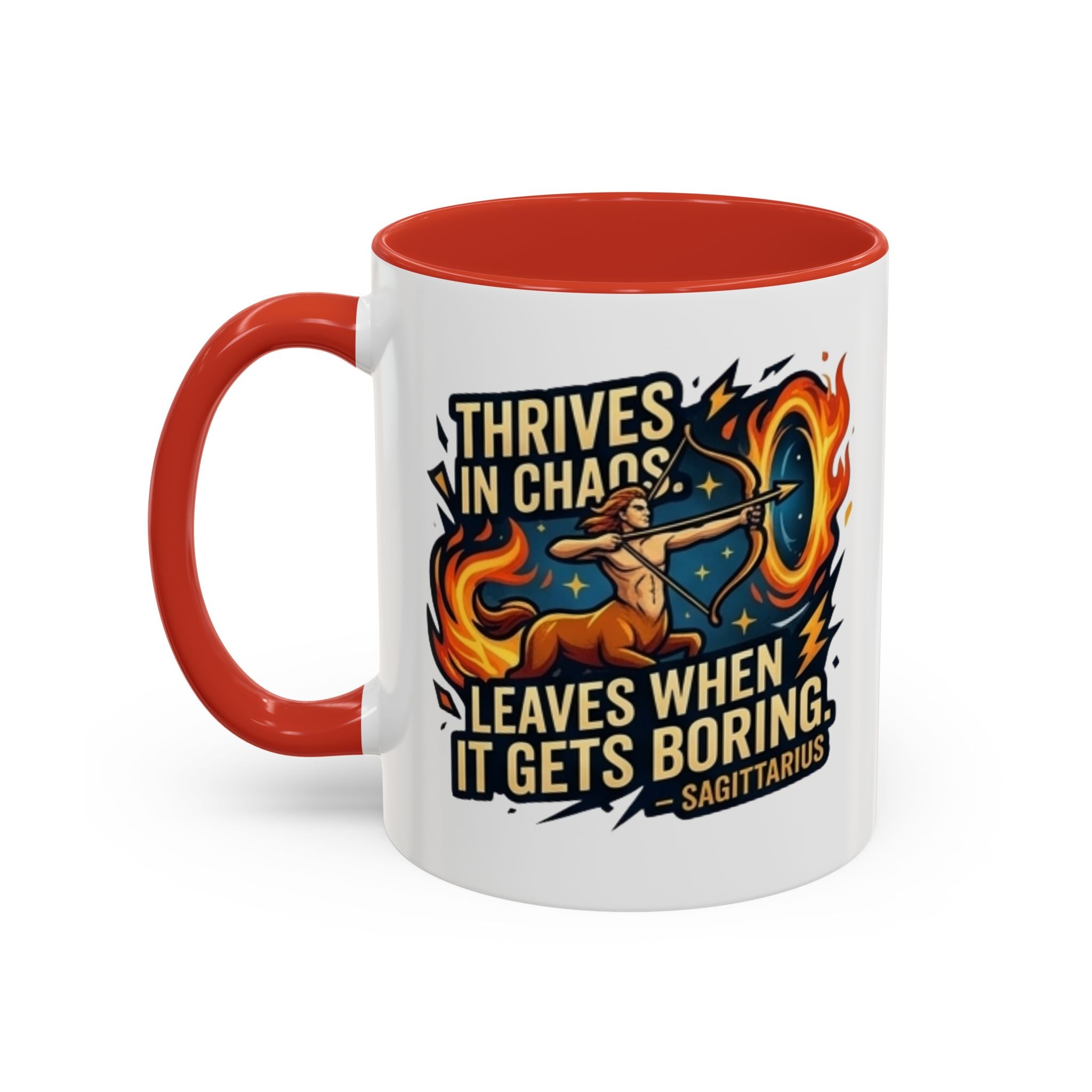 Sagittarius Coffee Mug – "Thrives in Chaos, Leaves When It Gets Boring" Accent Mug