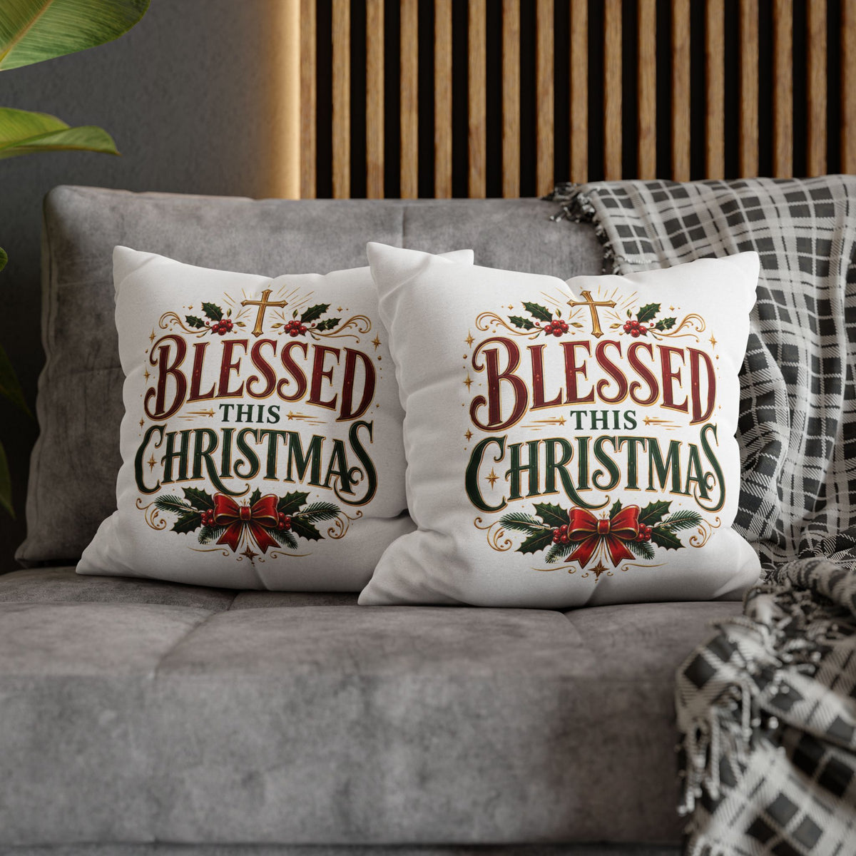 Christmas Pillowcase — "Blessed This Christmas" Religious Holiday Decorative Throw Pillow