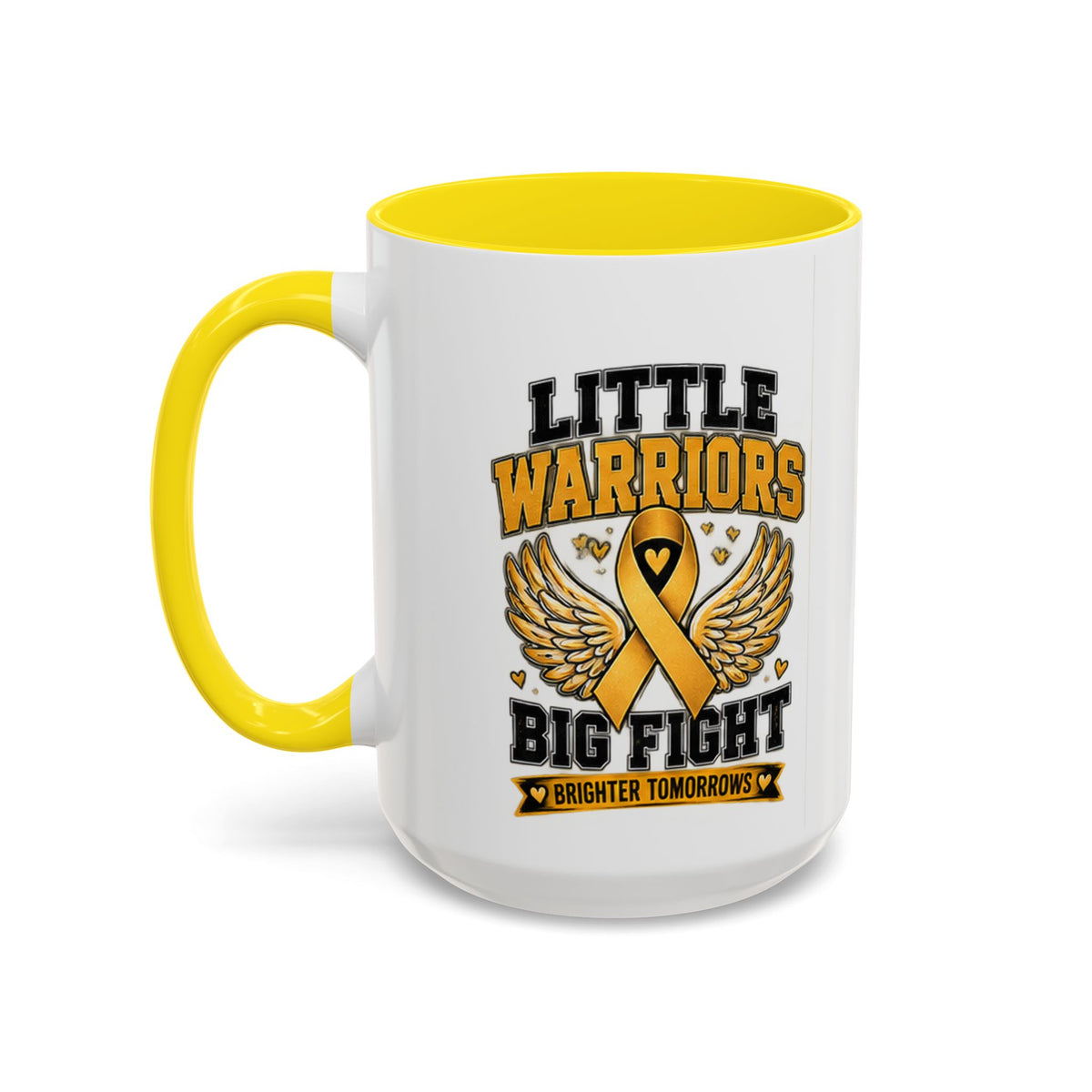 Little Warriors Big Fight Childhood Cancer Awareness Coffee Mug — Gold Ribbon Support Accent Mug