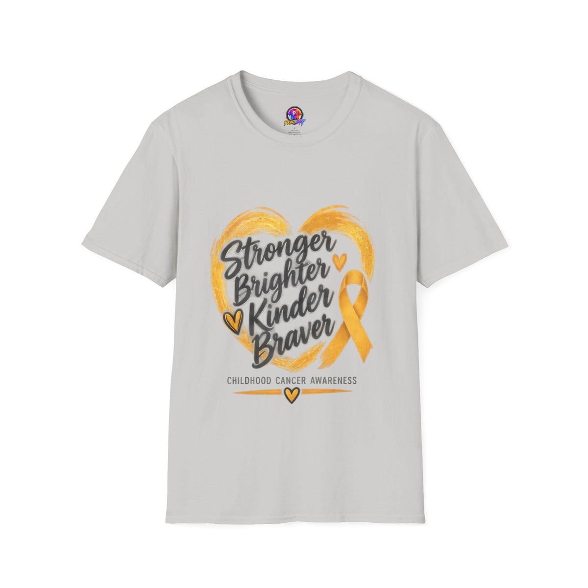 Childhood Cancer Awareness T-Shirt — "Stronger Brighter Kinder Braver" Gold Ribbon