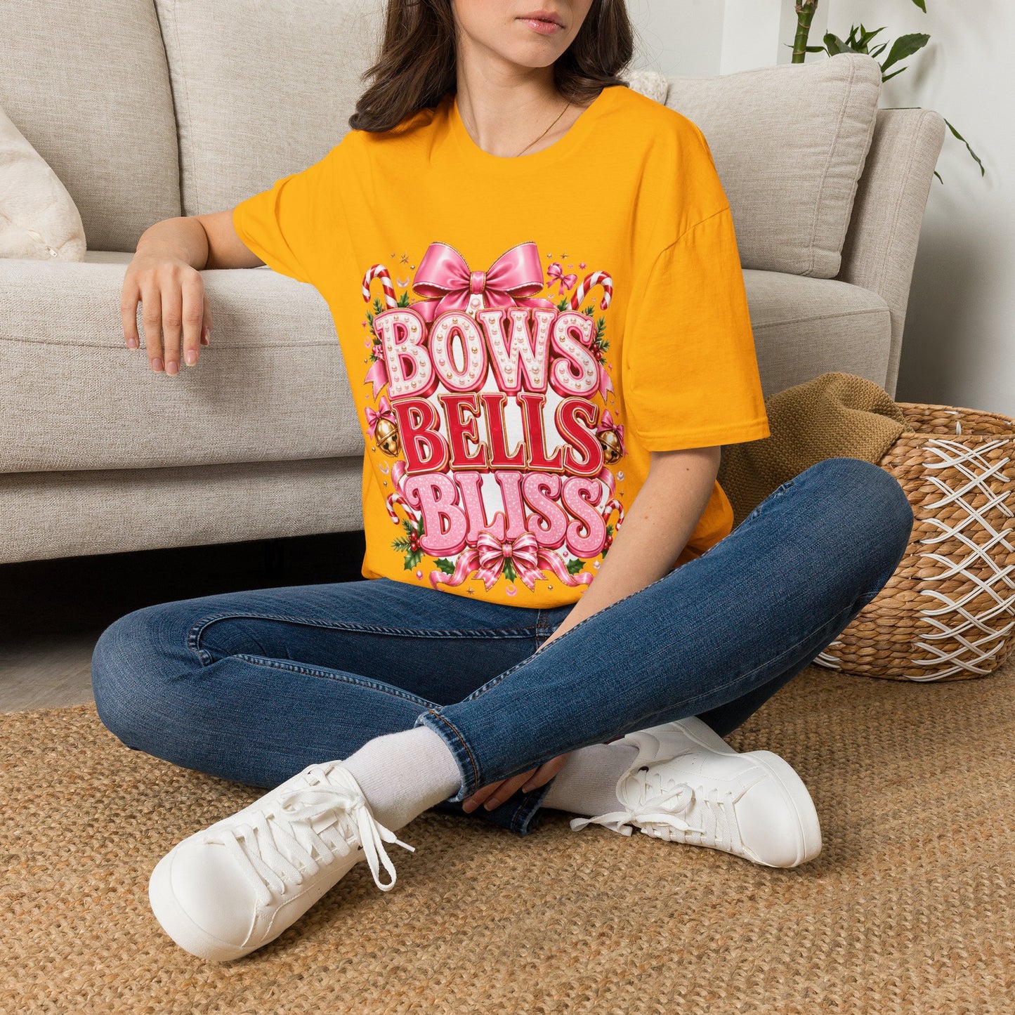 Bows Bells Bliss Christmas T‑Shirt — Pink Holiday Bow Graphic
