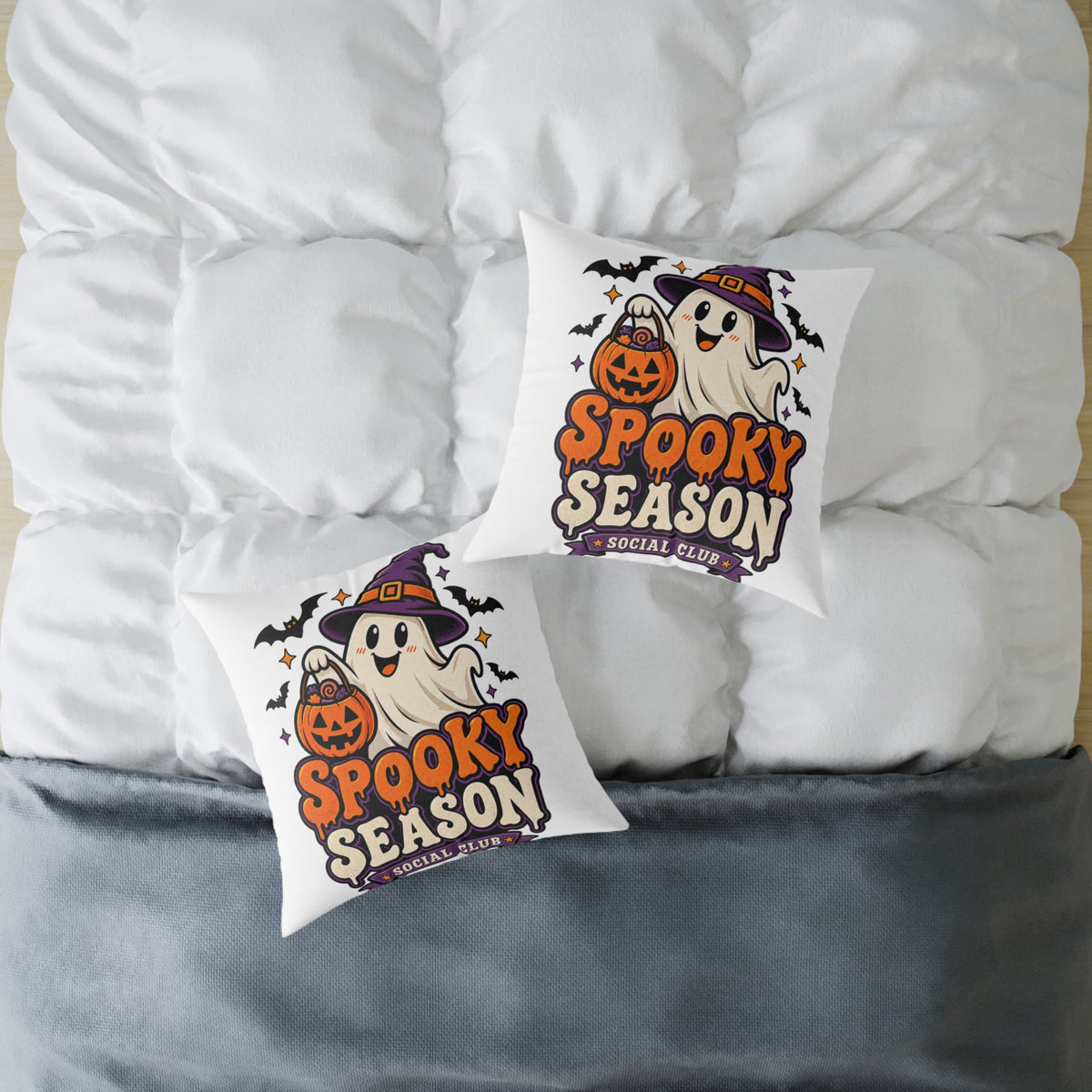 Spooky Season Halloween Pillow - Cute Ghost & Pumpkin Square Throw Pillow