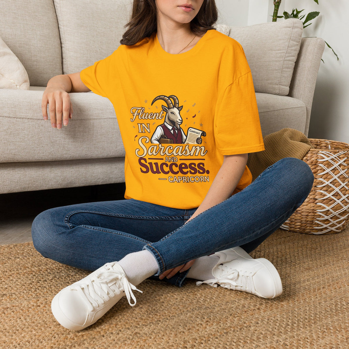 Capricorn Goat Graphic T-Shirt — "Fluent in Sarcasm & Success" Zodiac Tee
