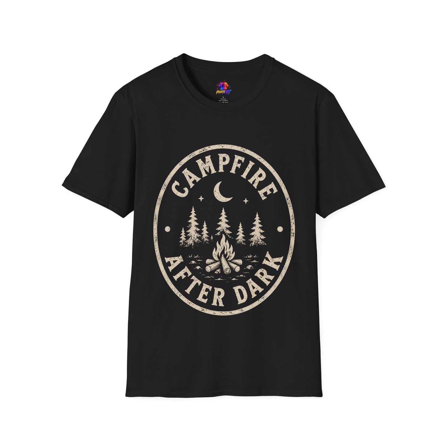 Campfire T-Shirt — 'Campfire After Dark' Vintage Moon & Trees Graphic