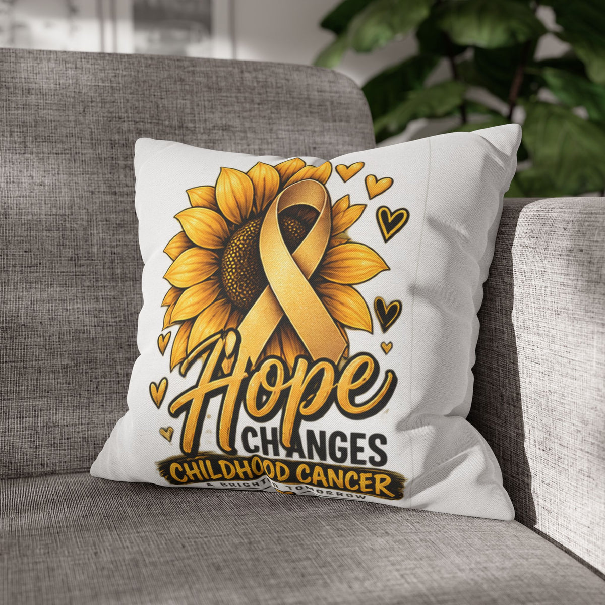 Childhood Cancer Awareness Pillow — "Hope Changes Childhood Cancer" Sunflower Ribbon Cushion