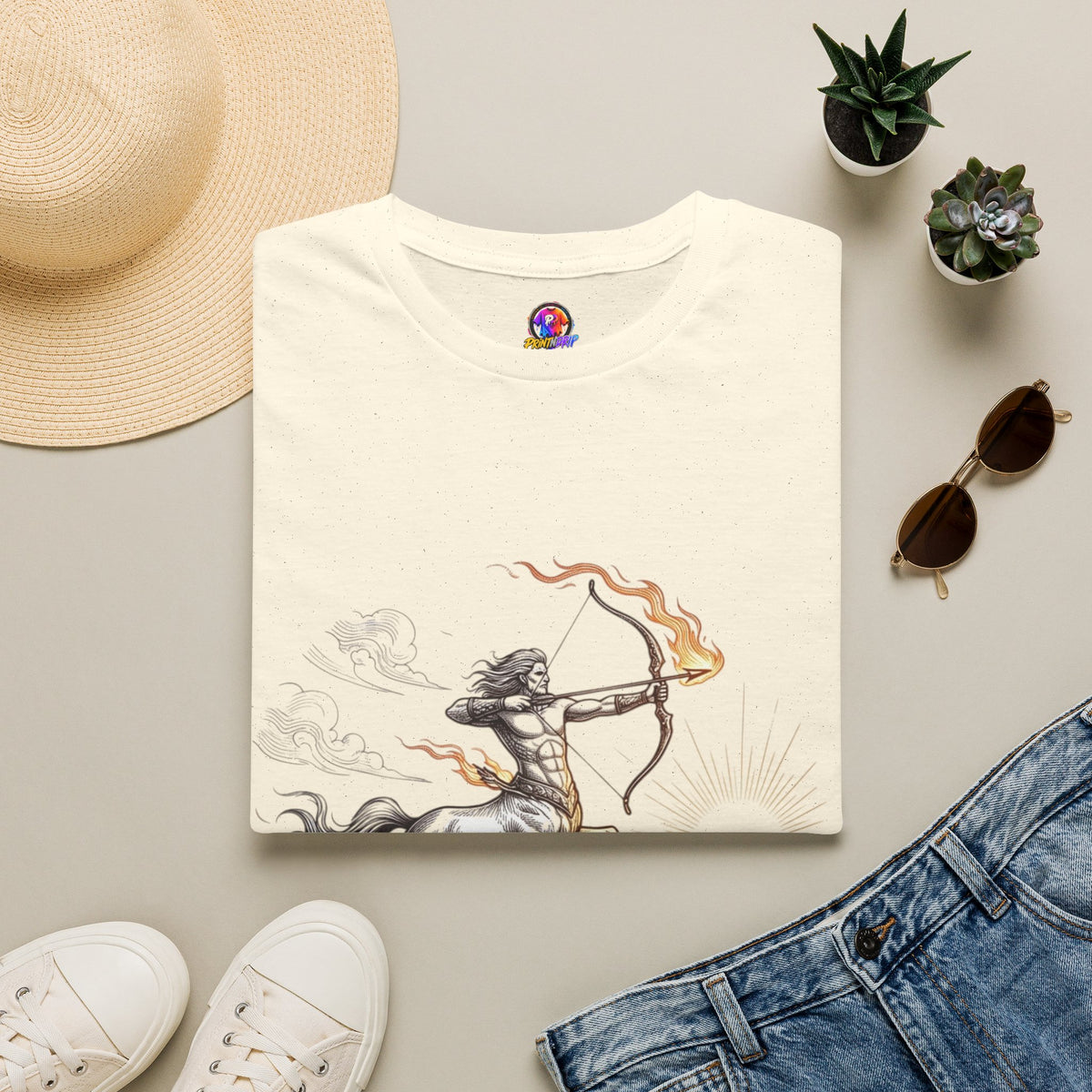 Sagittarius Centaur Archer T-Shirt — Mythical Archer Graphic Tee (Flaming Bow)