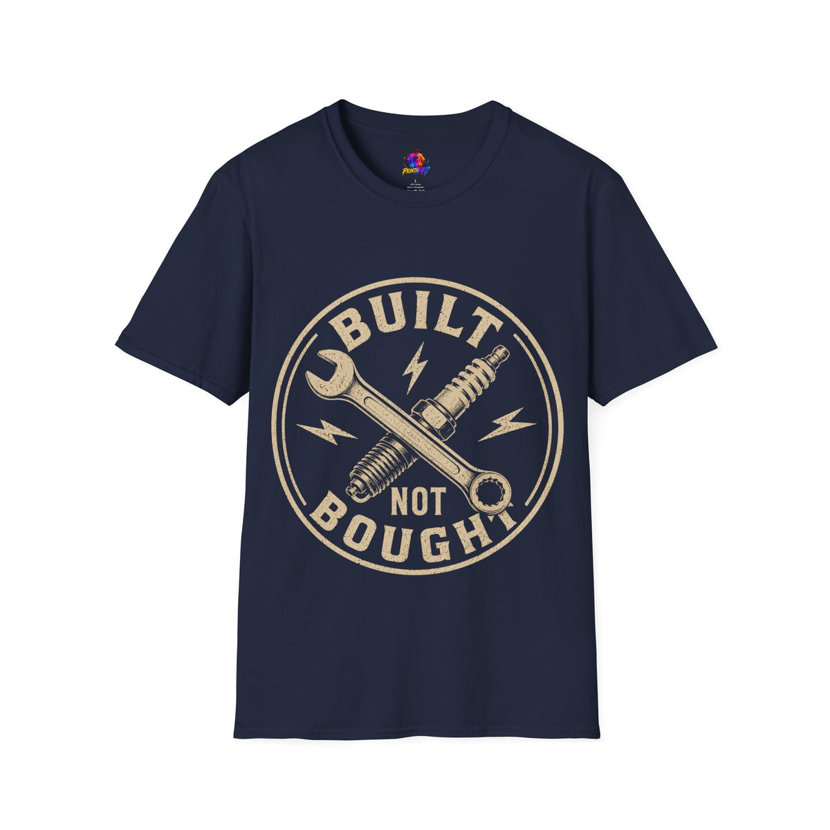Built Not Bought T-Shirt — Vintage Mechanic Wrench & Spark Plug Design