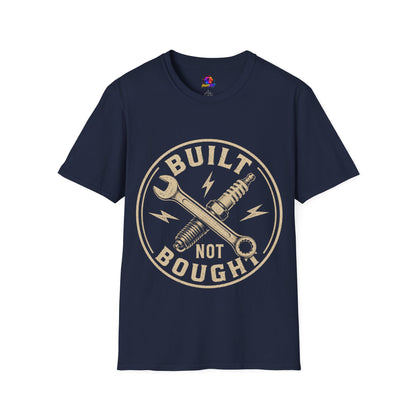 Built Not Bought T-Shirt — Vintage Mechanic Wrench & Spark Plug Design