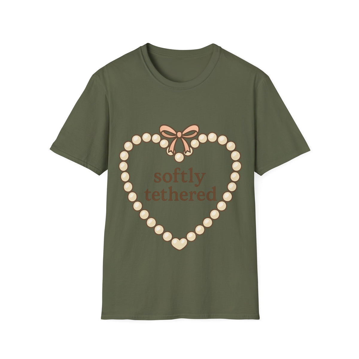 "Softly Tethered" Pearl Heart Ribbon Tee - Cute Coquette Bow Aesthetic White T-Shirt - Trending Now - September 2026