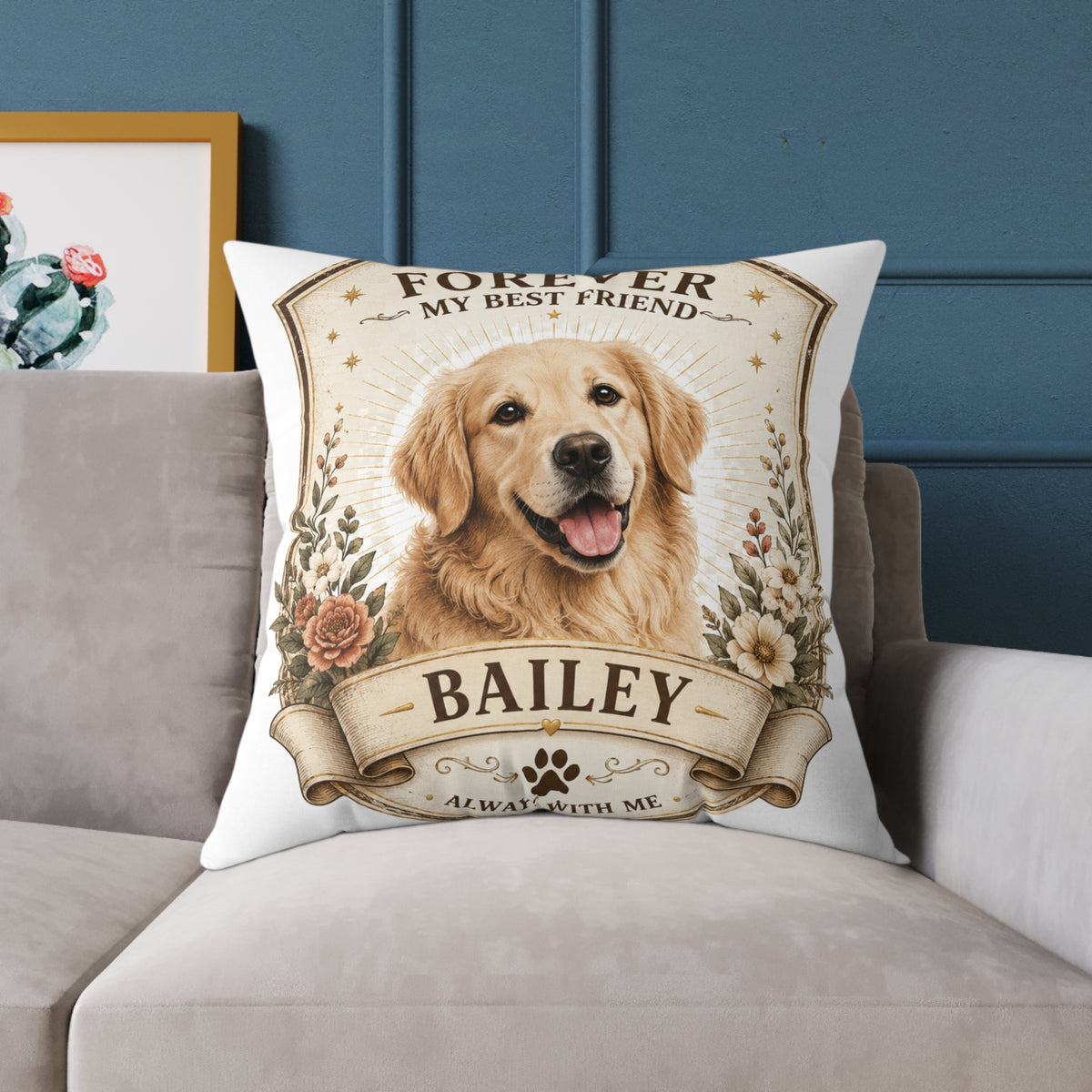 Forever My Best Friend Golden Retriever Pillow Milo Bailey Dog Dad Mom— Personalized Dog Name Cushion