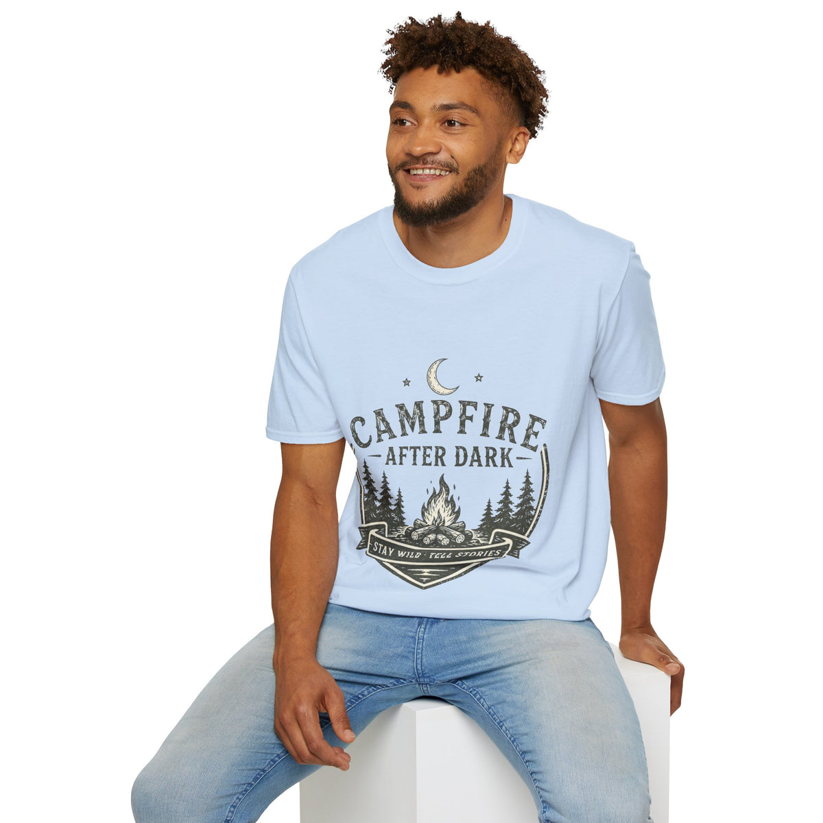 Campfire T-Shirt — "Campfire After Dark" Moonlit Camping Graphic