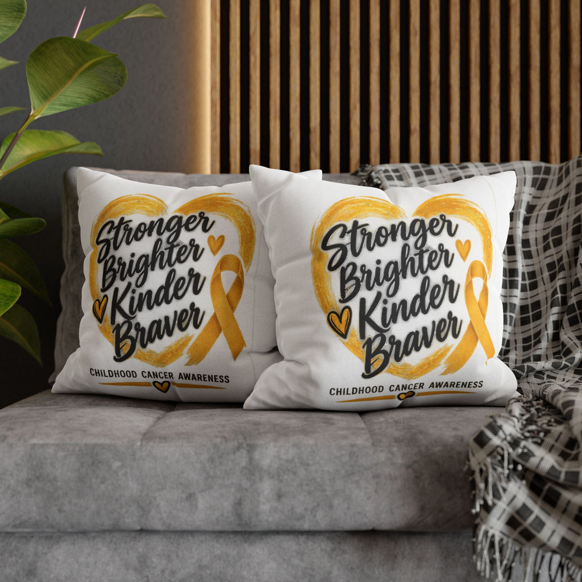 Childhood Cancer Awareness Pillowcase — "Stronger Brighter Kinder Braver" Gold Ribbon