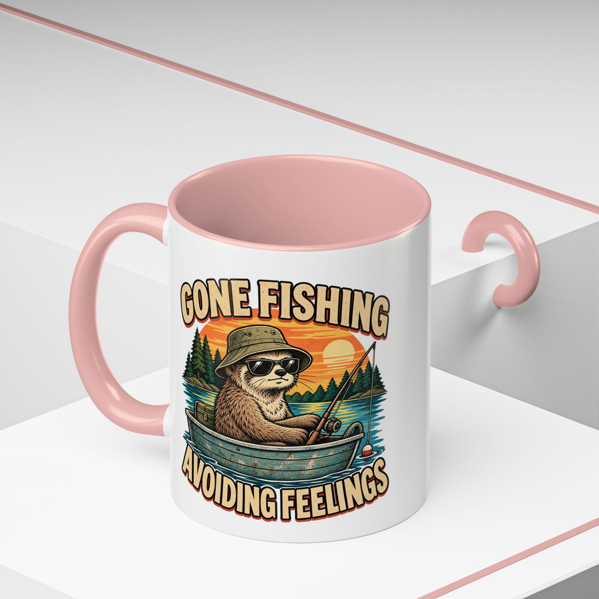 Funny And Witty "Gone Fishing Avoiding Feelings" Accent Coffee Mug (11, 15oz)