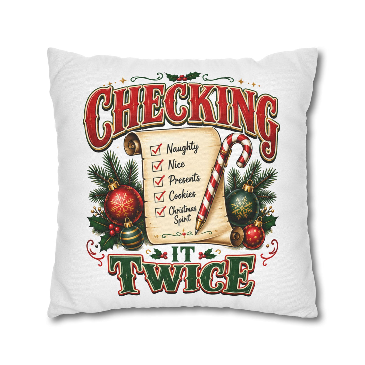 Checking It Twice Christmas Pillowcase — Festive Holiday Checklist Throw Pillow Cover