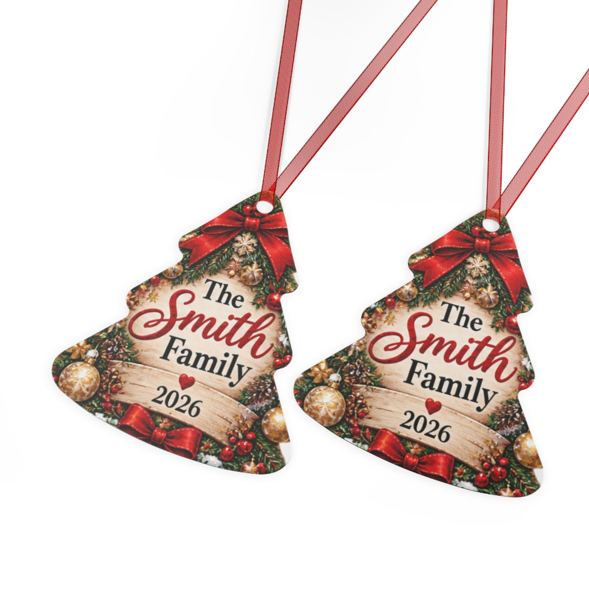 Personalized Family Metal Ornament - Christmas Tree Shape "The Smith Family 2026"