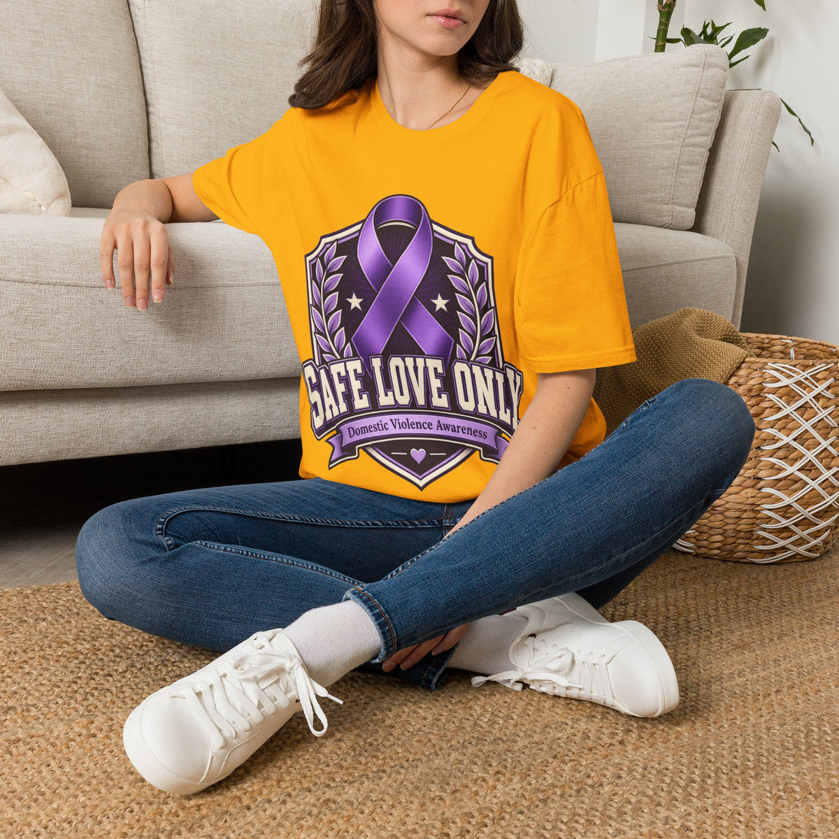 Domestic Violence Awareness T-Shirt — "Safe Love Only" Purple Ribbon Tee