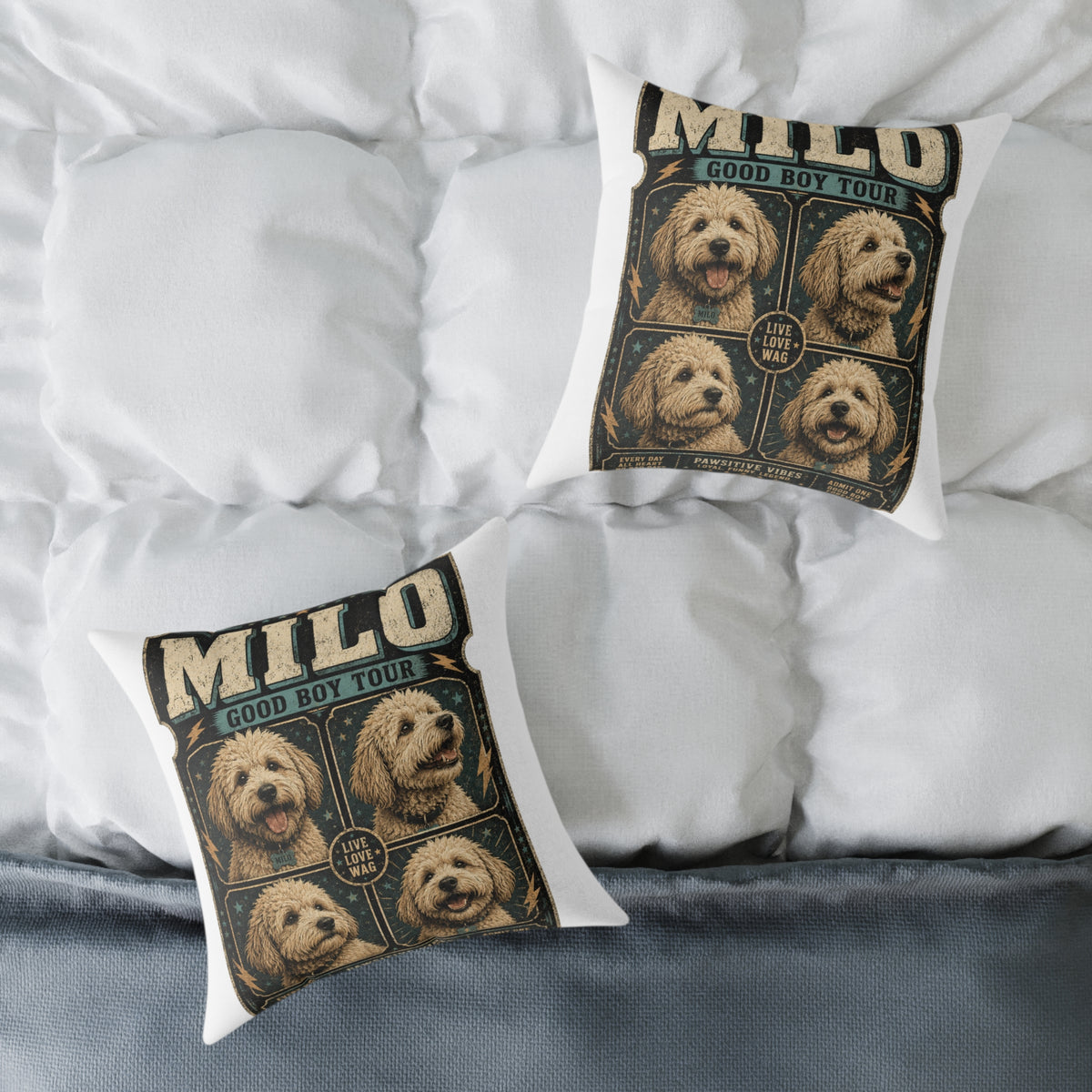 Milo "Good Boy Tour" Dog Photo Square Pillow  Milo Bailey Dog Dad Mom — Cute Pet Portrait Throw Pillow
