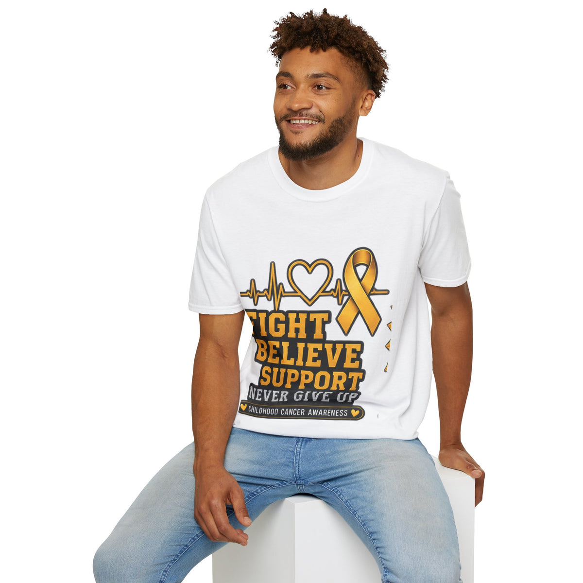 Childhood Cancer Awareness T-Shirt – "Fight Believe Support Never Give Up" Gold Ribbon Tee