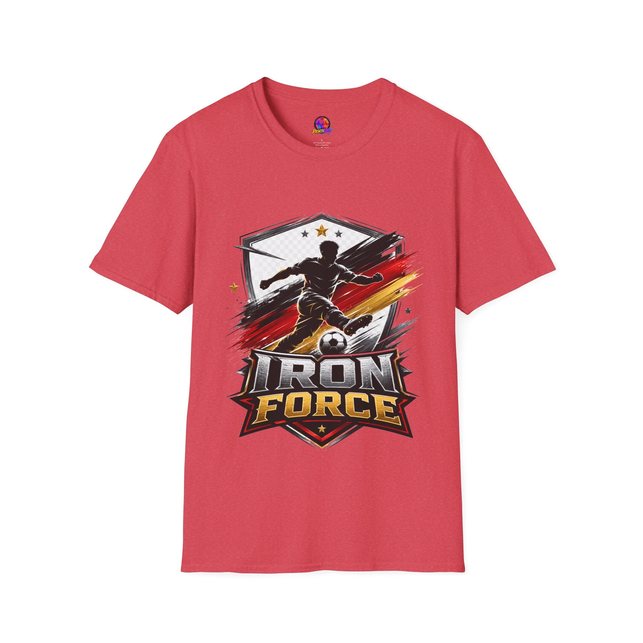 Germany Soccer 'Iron Force' Graphic T-Shirt — Player Silhouette with Red & Gold Brushstroke Emblem