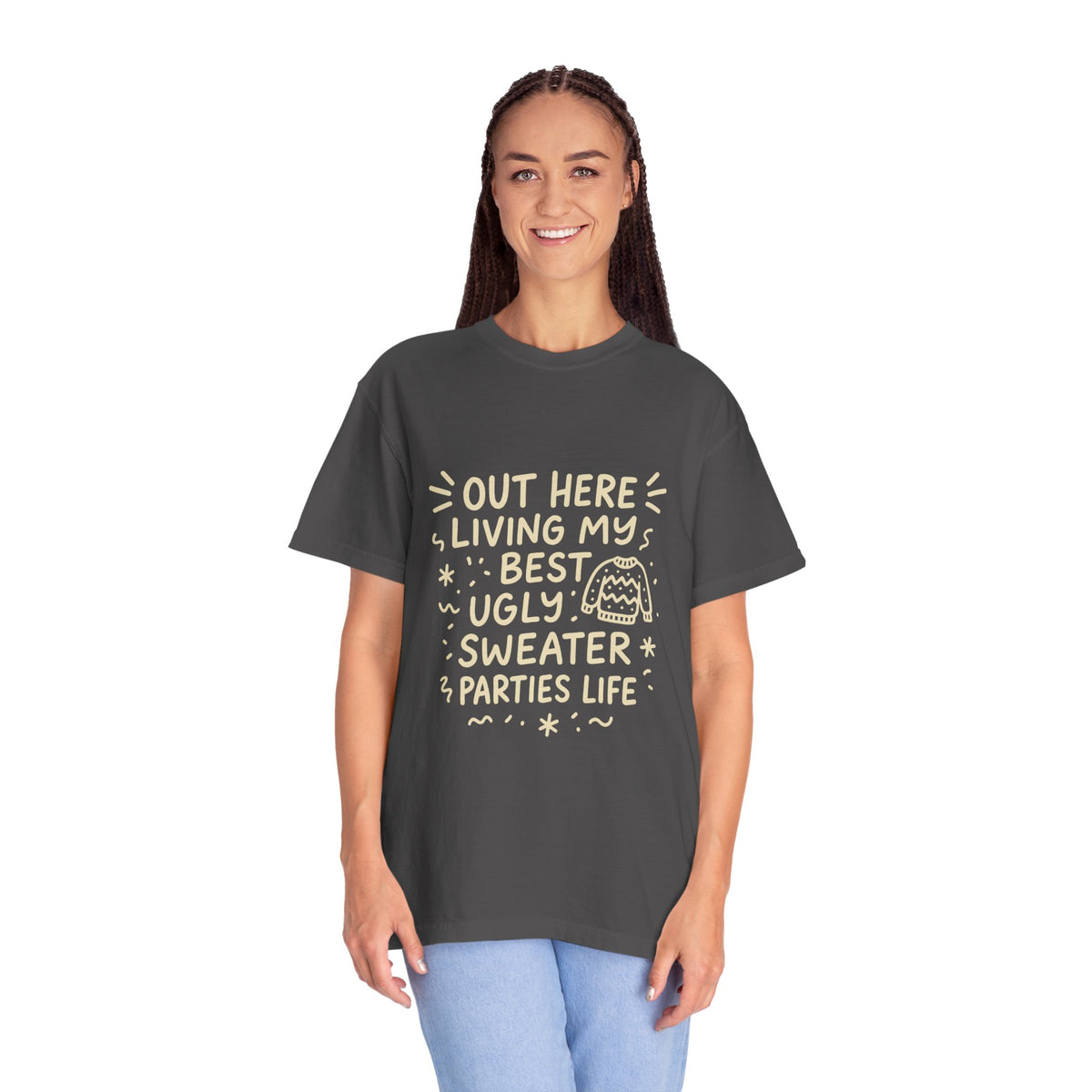 Out Here Living My Best Ugly Sweater Parties Life T-Shirt - Trending Now - October 2026