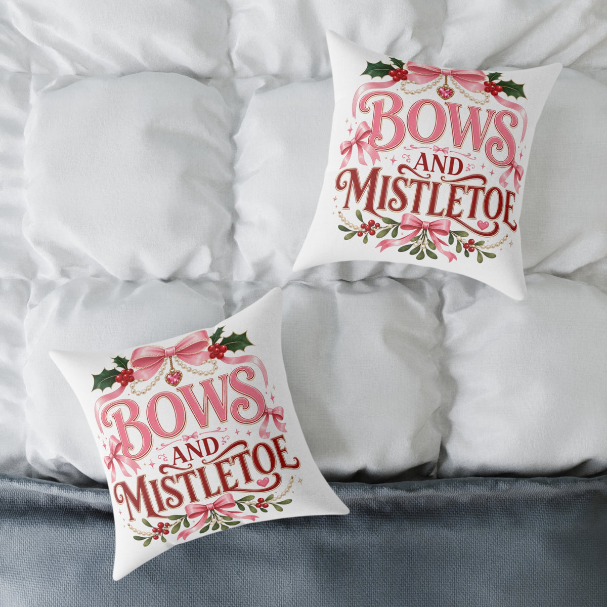 Christmas Bows And Mistletoe Square Poly Canvas Pillow