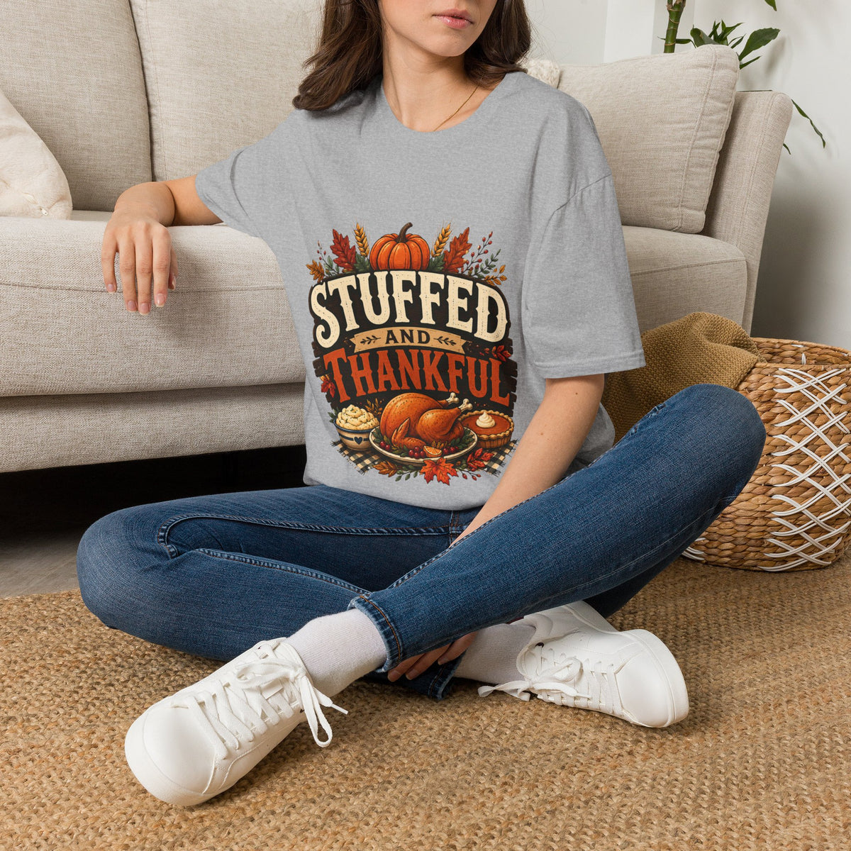 Thanksgiving T-Shirt Stuffed and Thankful T-Shirt — Thanksgiving Pumpkin Fall Graphic Tee