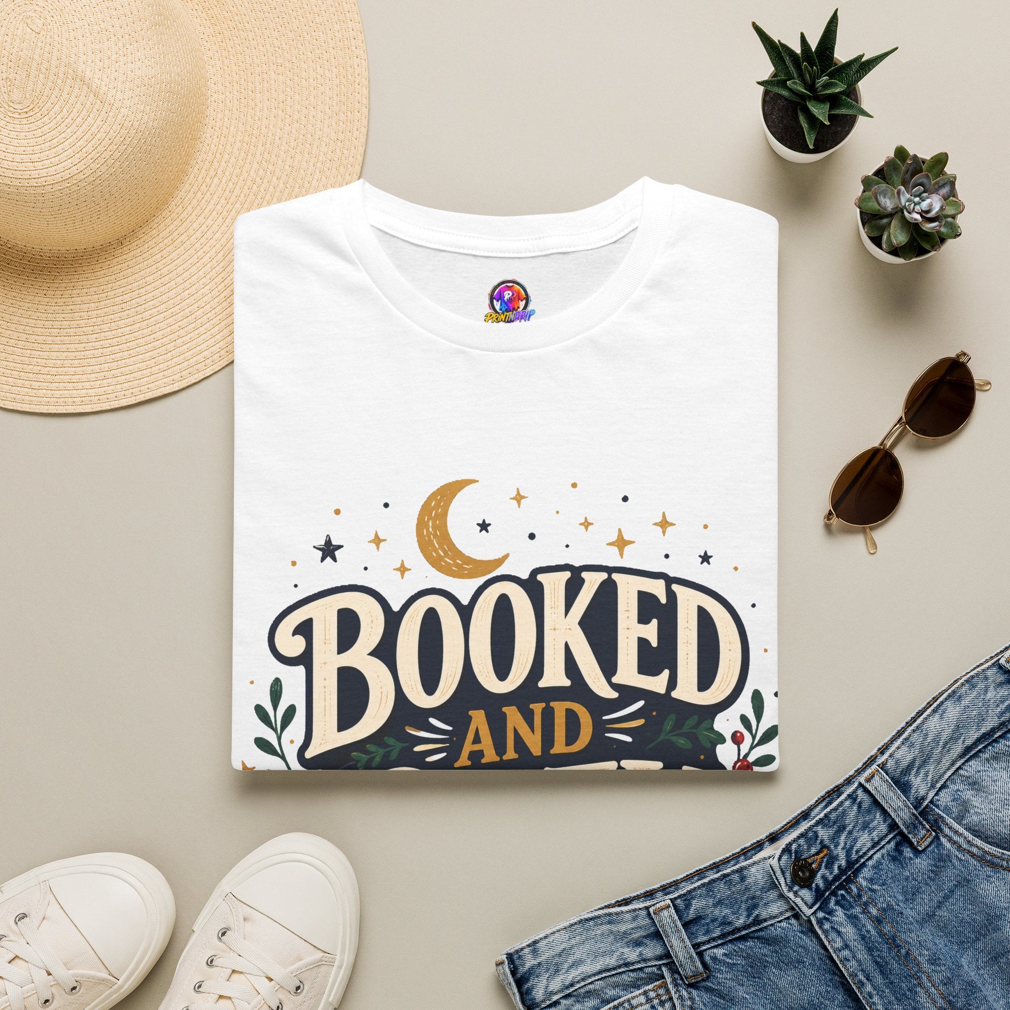 Booked and Cozy T-Shirt — Cozy Reading Graphic Tee (Books, Moon & Stars)