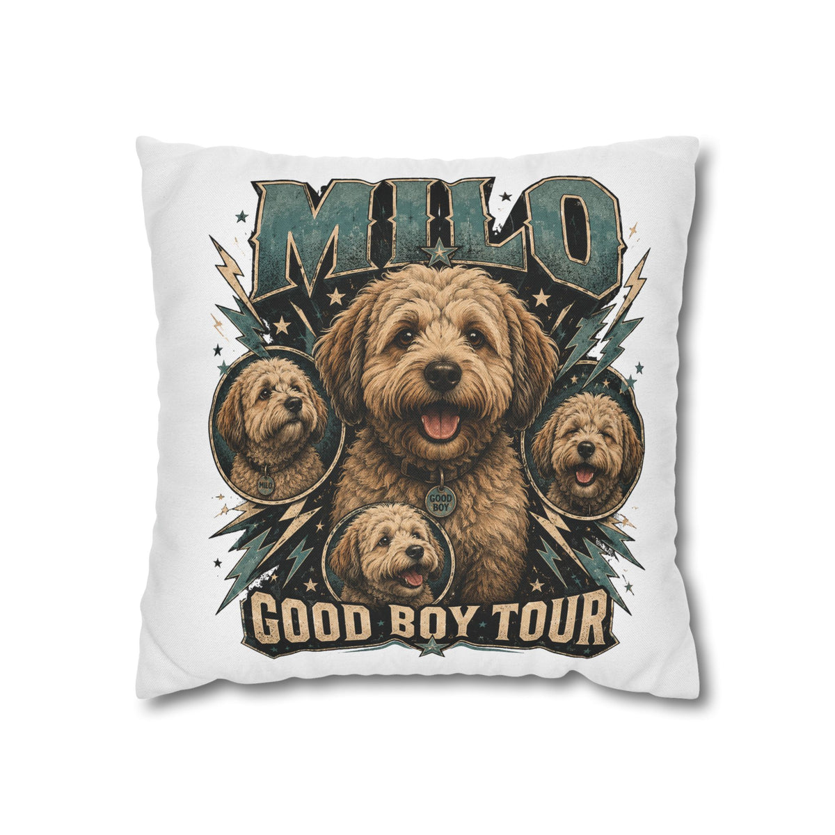 Milo "Good Boy Tour" Decorative Pillowcase — Cute Dog Portrait Square Throw Pillowcase Milo Bailey Dog Dad Mom