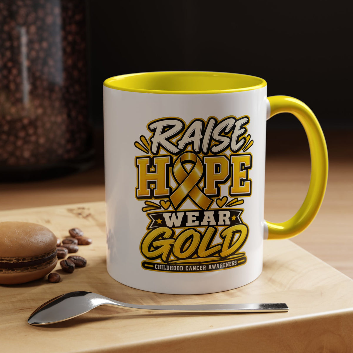 Raise Hope Wear Gold Cancer Awareness Coffee Mug (Accent, 11/15oz)