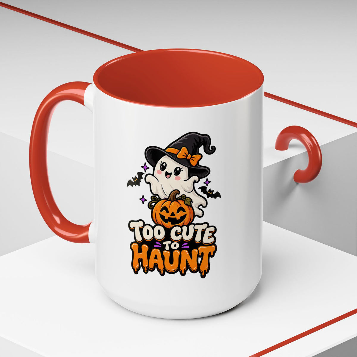 Halloween Coffee Mug - 'Too Cute to Haunt' Ghost Pumpkin Accent Mug