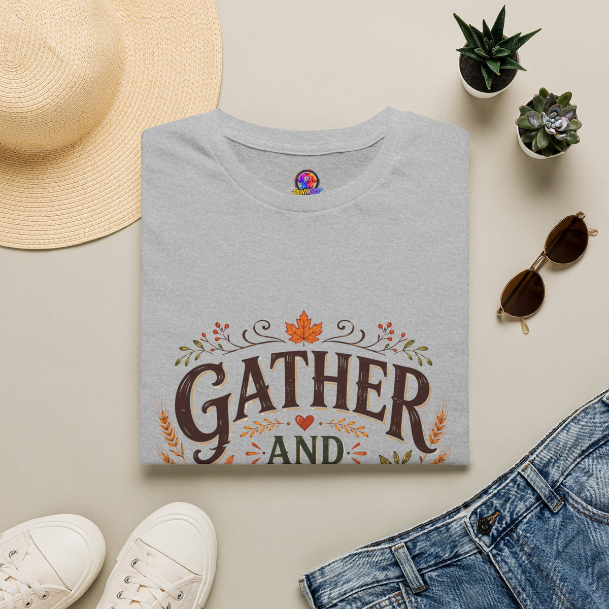 Thanksgiving T-Shirt Gather and Give Thanks T-Shirt — Thanksgiving Fall Holiday Tee