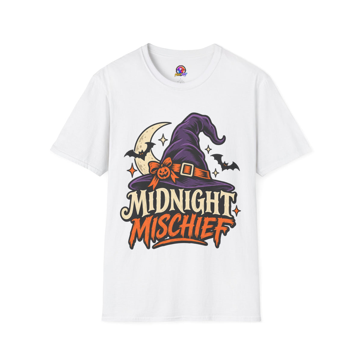 Midnight Mischief Halloween T-Shirt — Witch Hat & Bats Graphic