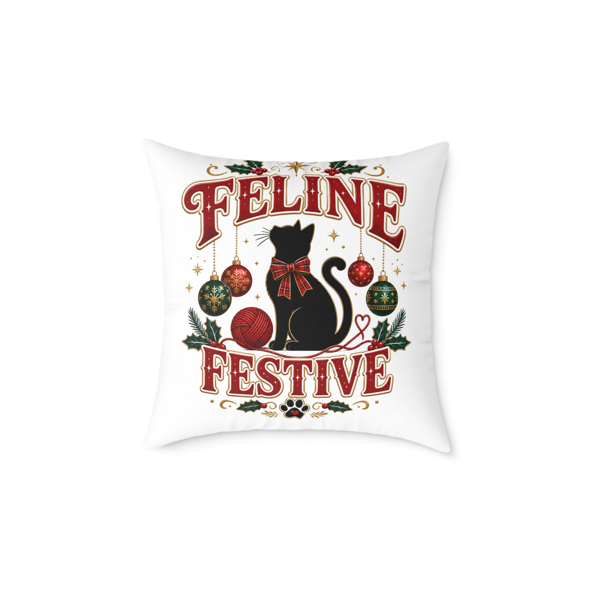 Christmas Feline Festive Square Pillow - Holiday Cat Decor