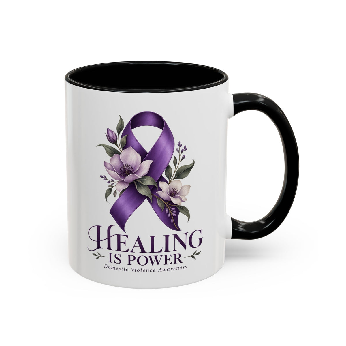 Healing Is Power Purple Ribbon Coffee Mug — Domestic Violence Awareness Accent Mug (11/15oz)
