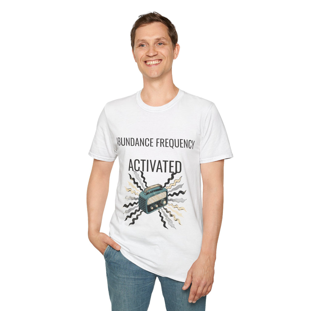 "Abundance Frequency Activated" Retro Radio Tee - Aesthetic Law Of Attraction Manifest White T-Shirt - Trending Now - September 2026