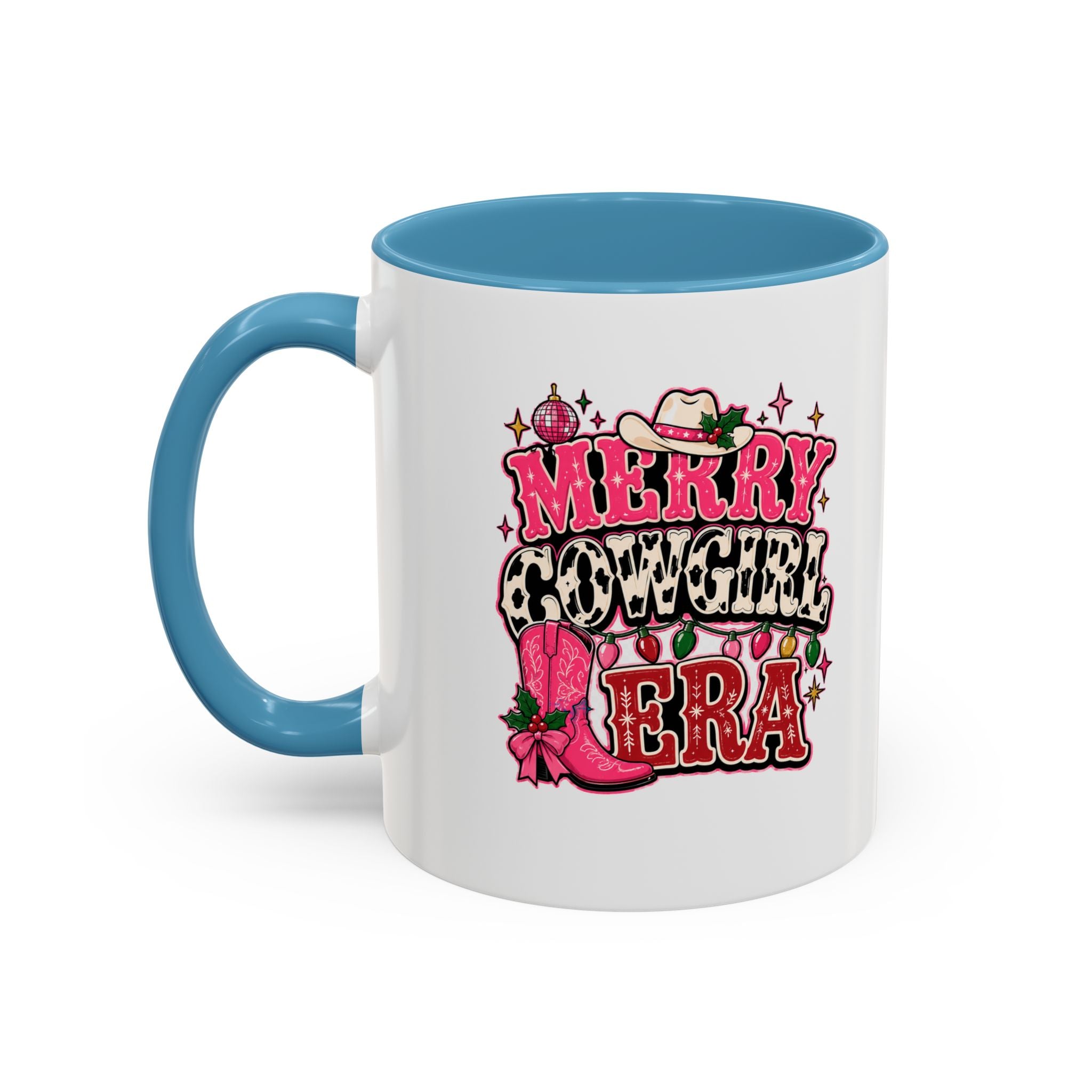 Modern Day Christmas Merry Cowgirl Era Accent Coffee Mug — Festive Pink Western Cowboy Boots & Hat Mug