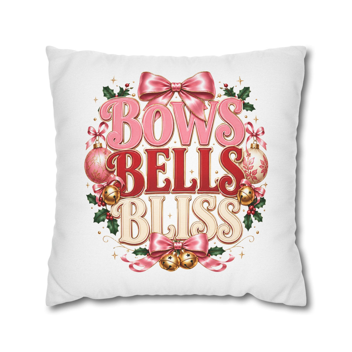 Christmas Decorative Pillowcase — "Bows Bells Bliss" Pink Holiday Throw Pillowcase