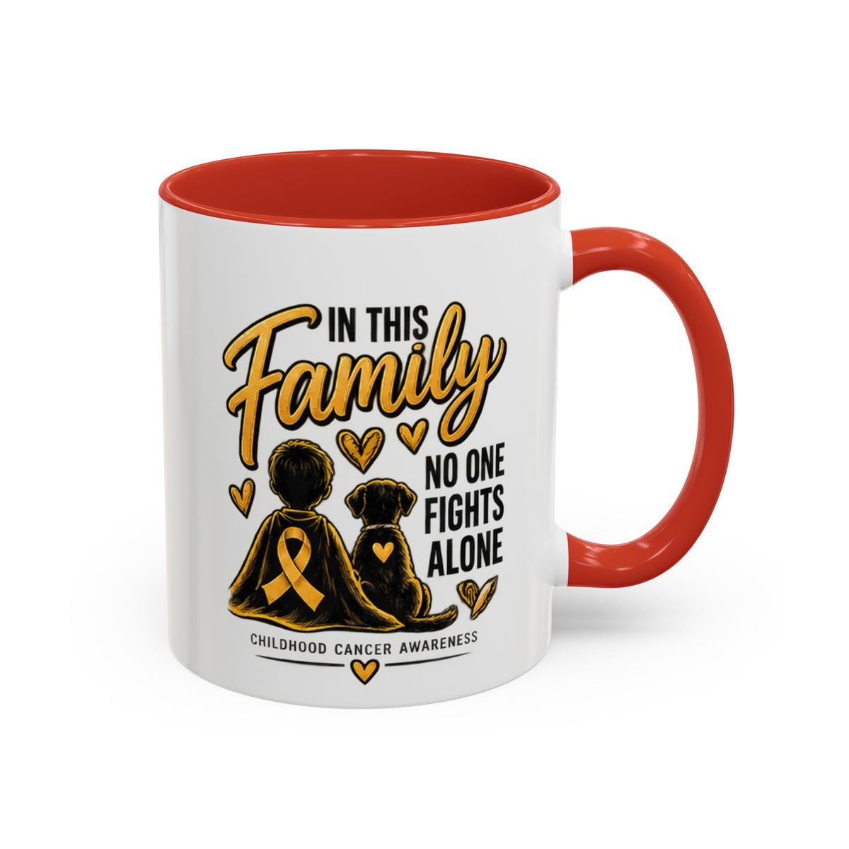 Childhood Cancer Awareness Coffee Mug — "In This Family No One Fights Alone"